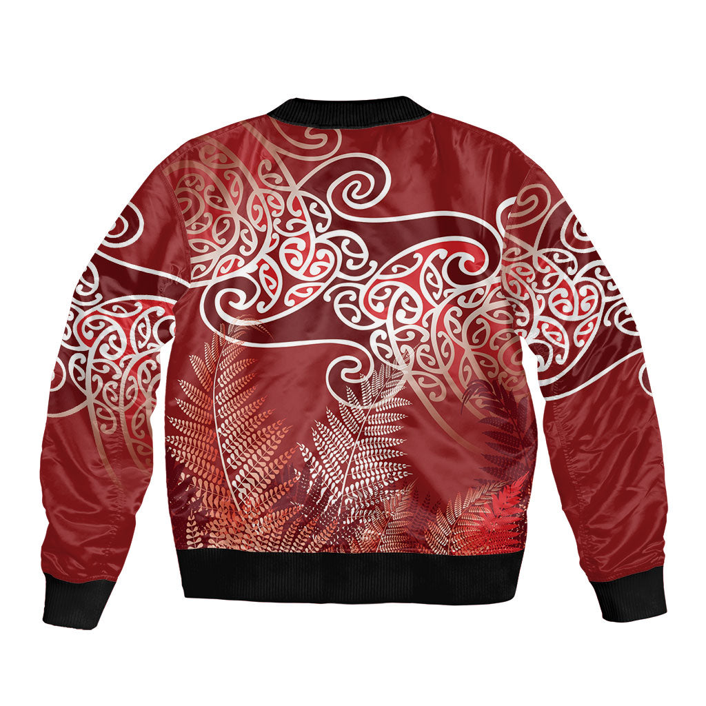 Aotearoa Maori Koru Curves Bomber Jacket Silver Ferns - Crimson Red