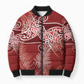 Aotearoa Maori Koru Curves Bomber Puffer Jacket Silver Ferns - Crimson Red