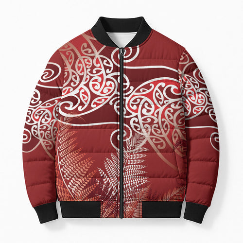 Aotearoa Maori Koru Curves Bomber Puffer Jacket Silver Ferns - Crimson Red