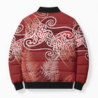 Aotearoa Maori Koru Curves Bomber Puffer Jacket Silver Ferns - Crimson Red
