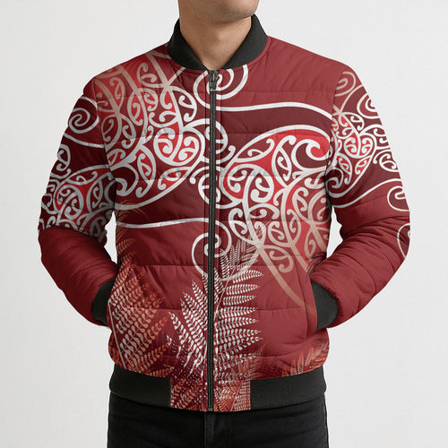 Aotearoa Maori Koru Curves Bomber Puffer Jacket Silver Ferns - Crimson Red