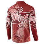 Aotearoa Maori Koru Curves Button Sweatshirt Silver Ferns - Crimson Red