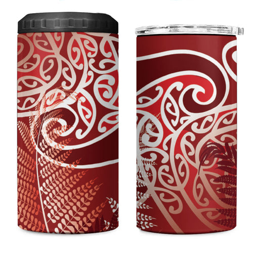 Aotearoa Maori Koru Curves 4 in 1 Can Cooler Tumbler Silver Ferns - Crimson Red