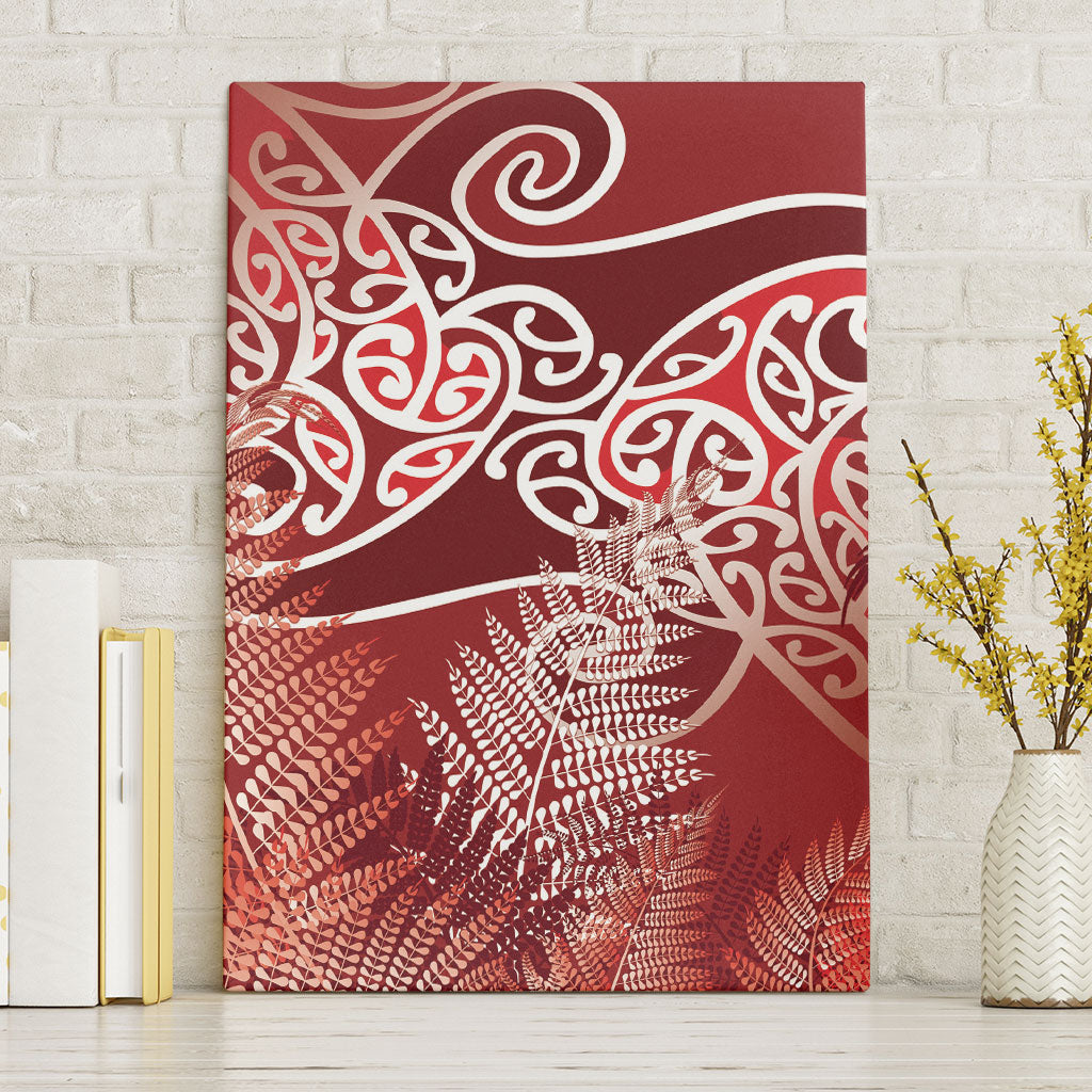 Aotearoa Maori Koru Curves Canvas Wall Art Silver Ferns - Crimson Red