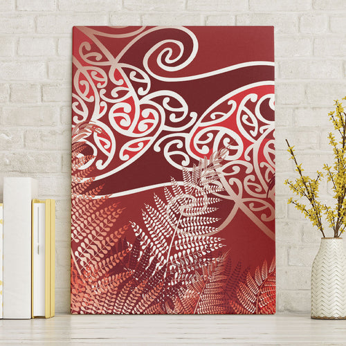 Aotearoa Maori Koru Curves Canvas Wall Art Silver Ferns - Crimson Red