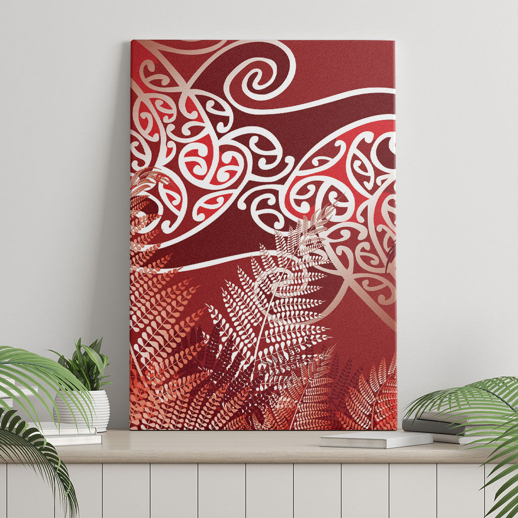 Aotearoa Maori Koru Curves Canvas Wall Art Silver Ferns - Crimson Red