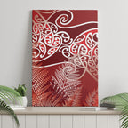 Aotearoa Maori Koru Curves Canvas Wall Art Silver Ferns - Crimson Red