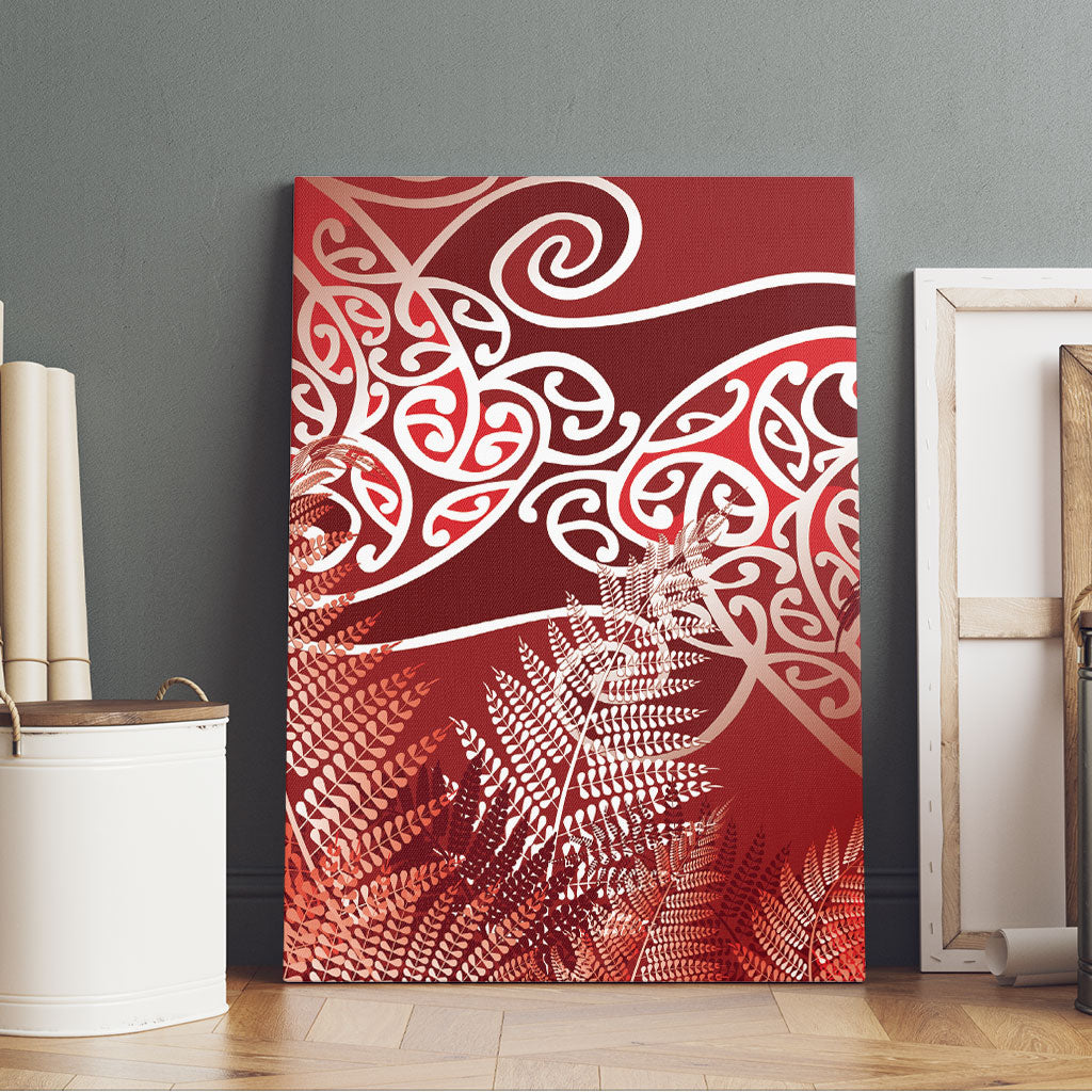 Aotearoa Maori Koru Curves Canvas Wall Art Silver Ferns - Crimson Red