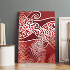 Aotearoa Maori Koru Curves Canvas Wall Art Silver Ferns - Crimson Red