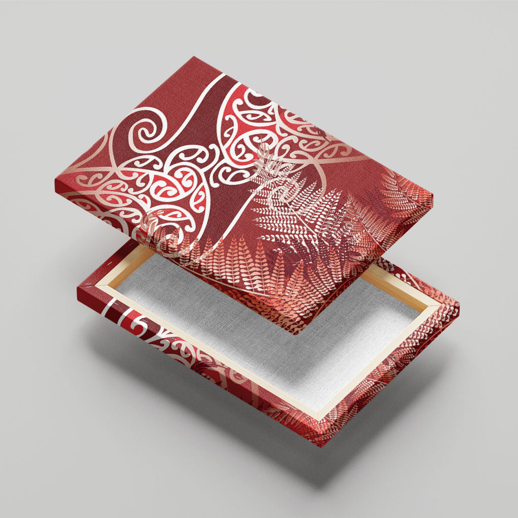 Aotearoa Maori Koru Curves Canvas Wall Art Silver Ferns - Crimson Red