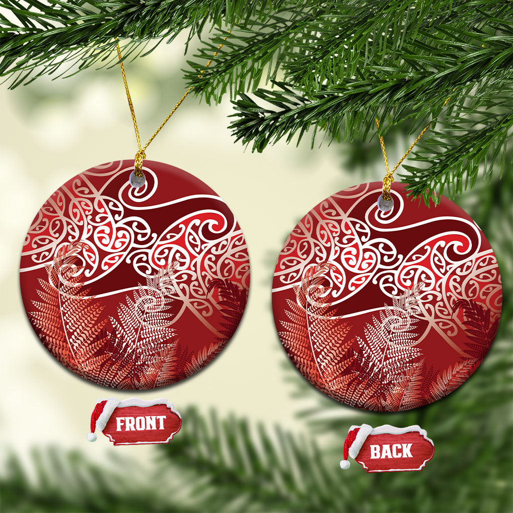 Aotearoa Maori Koru Curves Ceramic Ornament Silver Ferns - Crimson Red