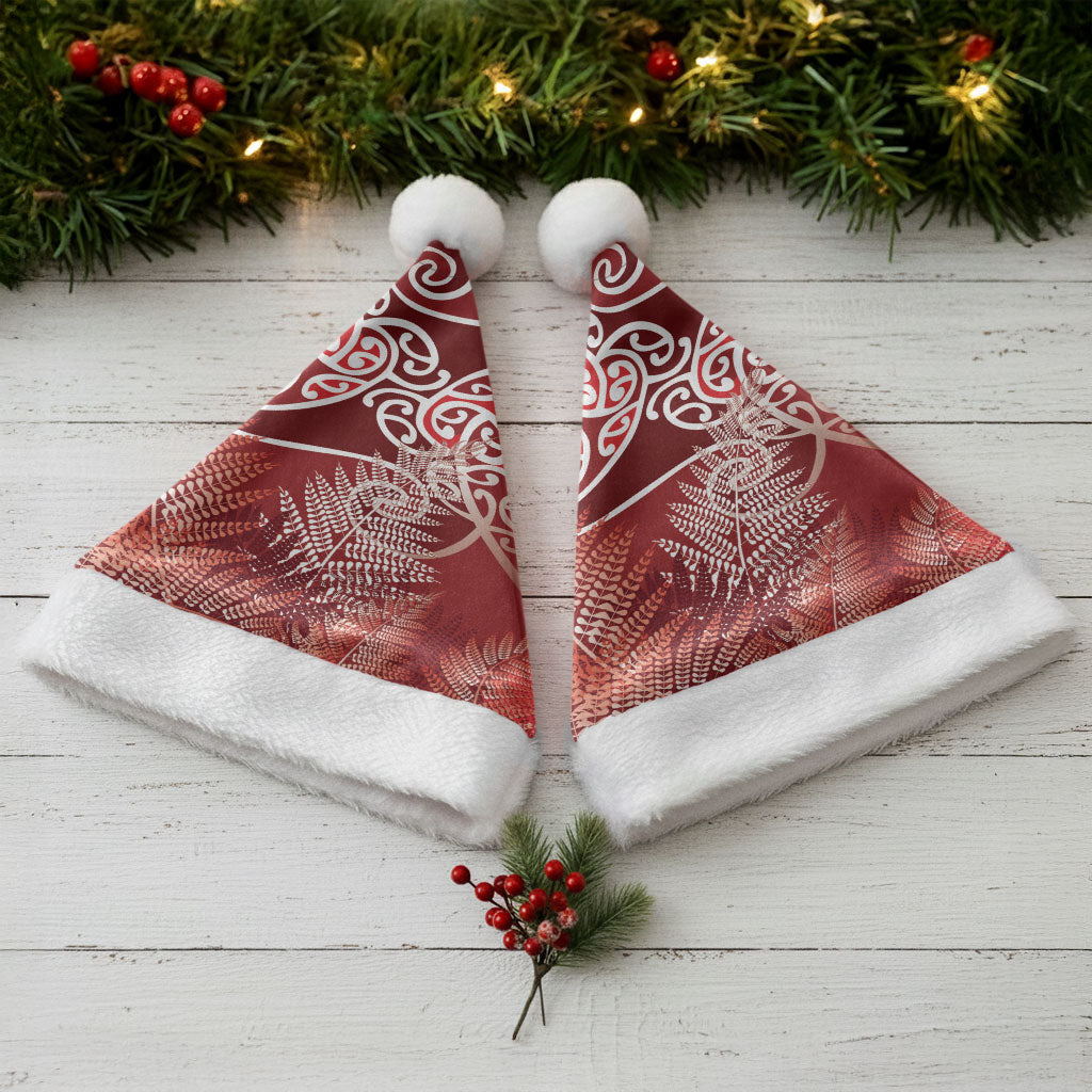 Aotearoa Maori Koru Curves Christmas Santa Hat Silver Ferns - Crimson Red