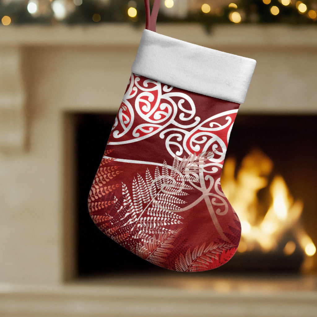 Aotearoa Maori Koru Curves Christmas Stocking Silver Ferns - Crimson Red