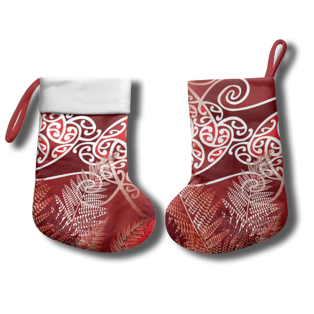 Aotearoa Maori Koru Curves Christmas Stocking Silver Ferns - Crimson Red