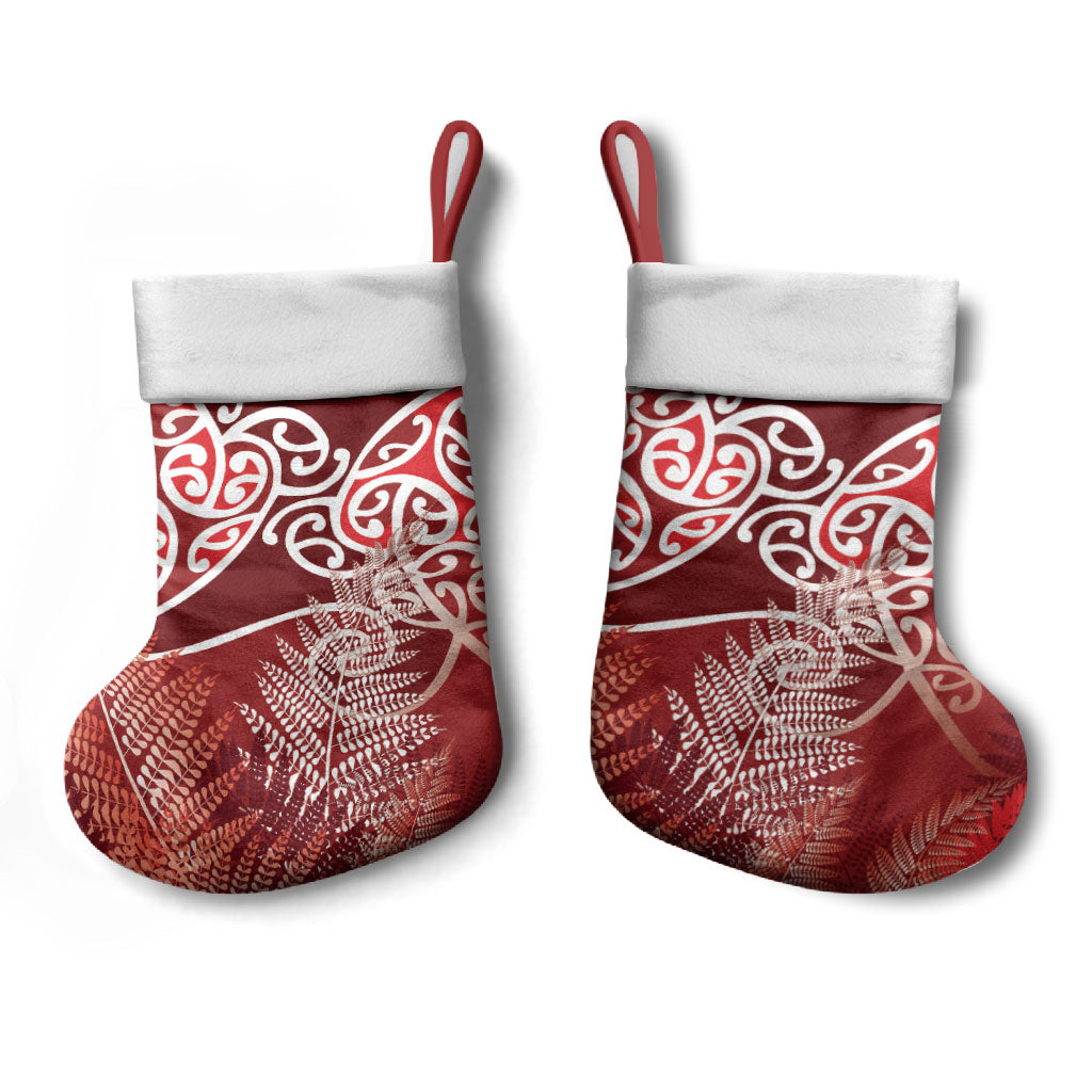 Aotearoa Maori Koru Curves Christmas Stocking Silver Ferns - Crimson Red