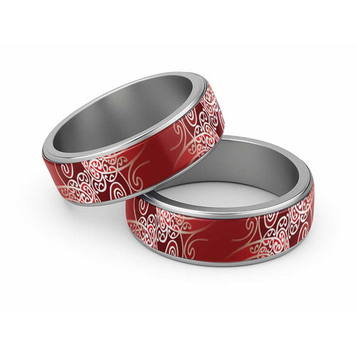 Aotearoa Maori Koru Curves Classic Ring Silver Ferns - Crimson Red