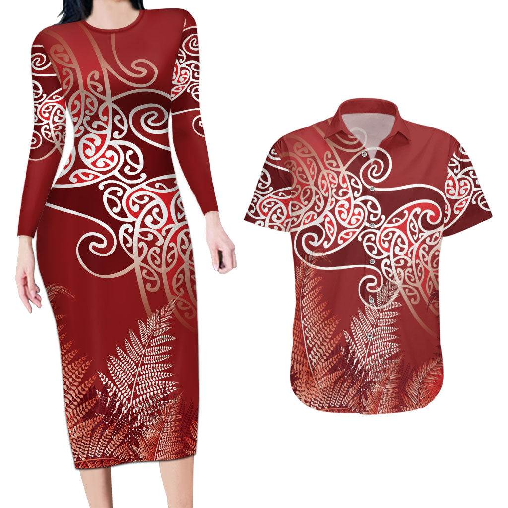 Aotearoa Maori Koru Curves Couples Matching Long Sleeve Bodycon Dress and Hawaiian Shirt Silver Ferns - Crimson Red