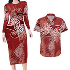 Aotearoa Maori Koru Curves Couples Matching Long Sleeve Bodycon Dress and Hawaiian Shirt Silver Ferns - Crimson Red