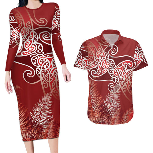 Aotearoa Maori Koru Curves Couples Matching Long Sleeve Bodycon Dress and Hawaiian Shirt Silver Ferns - Crimson Red