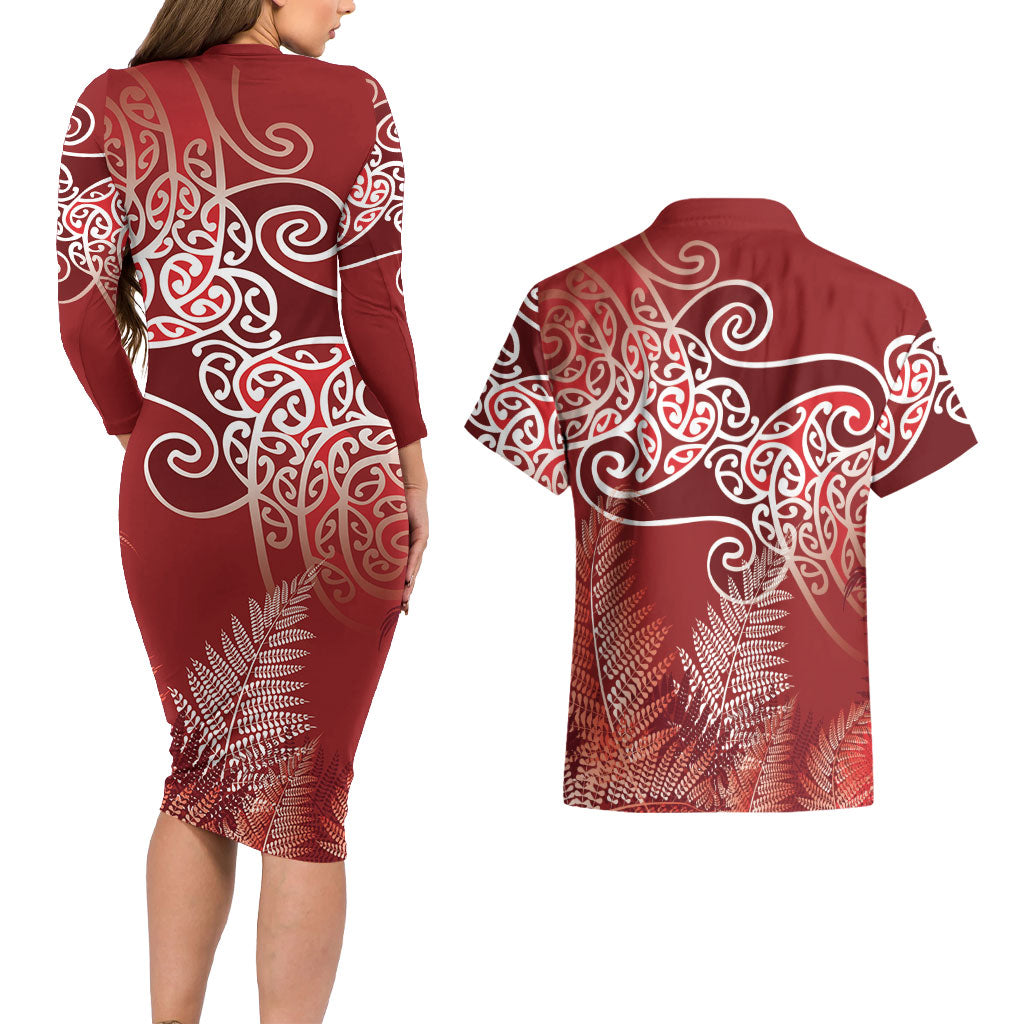 Aotearoa Maori Koru Curves Couples Matching Long Sleeve Bodycon Dress and Hawaiian Shirt Silver Ferns - Crimson Red