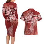 Aotearoa Maori Koru Curves Couples Matching Long Sleeve Bodycon Dress and Hawaiian Shirt Silver Ferns - Crimson Red