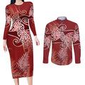 Aotearoa Maori Koru Curves Couples Matching Long Sleeve Bodycon Dress and Long Sleeve Button Shirt Silver Ferns - Crimson Red