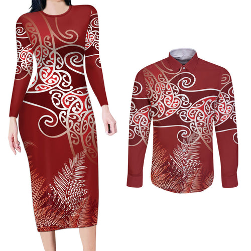 Aotearoa Maori Koru Curves Couples Matching Long Sleeve Bodycon Dress and Long Sleeve Button Shirt Silver Ferns - Crimson Red