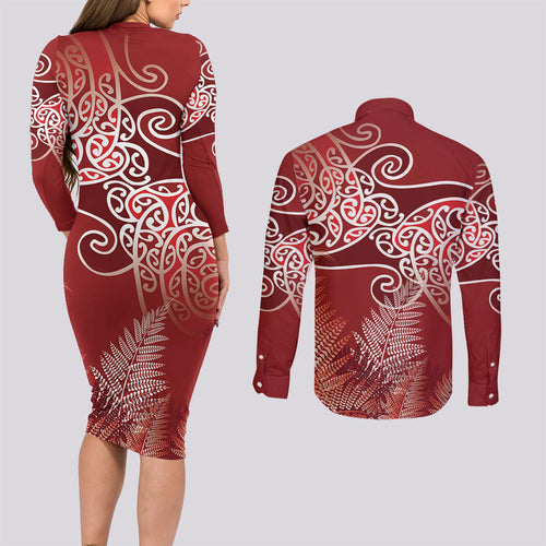 Aotearoa Maori Koru Curves Couples Matching Long Sleeve Bodycon Dress and Long Sleeve Button Shirt Silver Ferns - Crimson Red