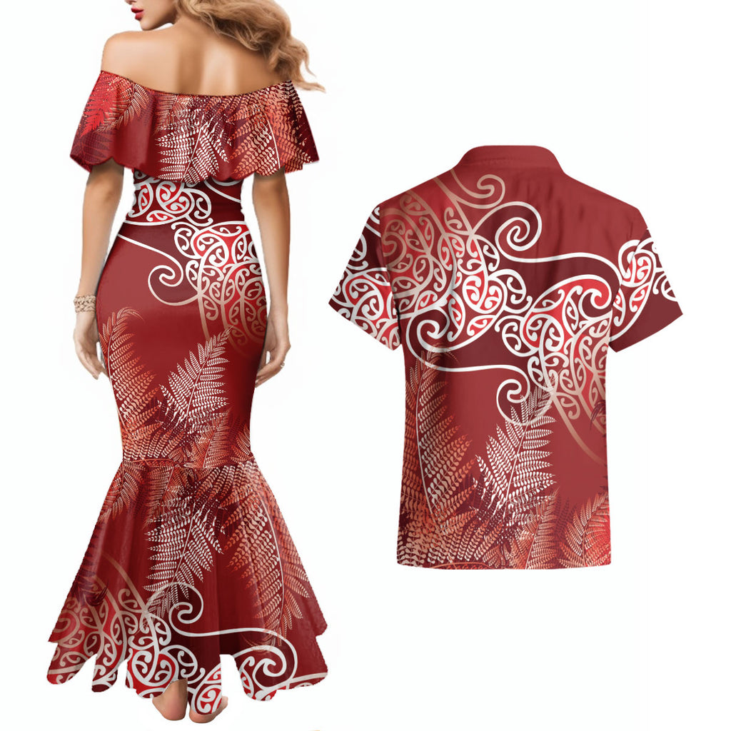 Aotearoa Maori Koru Curves Couples Matching Mermaid Dress and Hawaiian Shirt Silver Ferns - Crimson Red