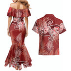 Aotearoa Maori Koru Curves Couples Matching Mermaid Dress and Hawaiian Shirt Silver Ferns - Crimson Red