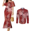 Aotearoa Maori Koru Curves Couples Matching Mermaid Dress and Long Sleeve Button Shirt Silver Ferns - Crimson Red