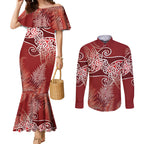 Aotearoa Maori Koru Curves Couples Matching Mermaid Dress and Long Sleeve Button Shirt Silver Ferns - Crimson Red