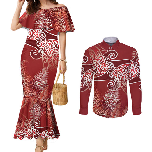 Aotearoa Maori Koru Curves Couples Matching Mermaid Dress and Long Sleeve Button Shirt Silver Ferns - Crimson Red