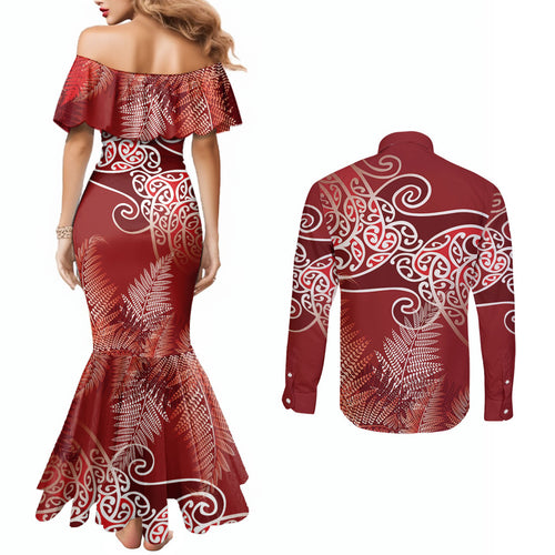 Aotearoa Maori Koru Curves Couples Matching Mermaid Dress and Long Sleeve Button Shirt Silver Ferns - Crimson Red