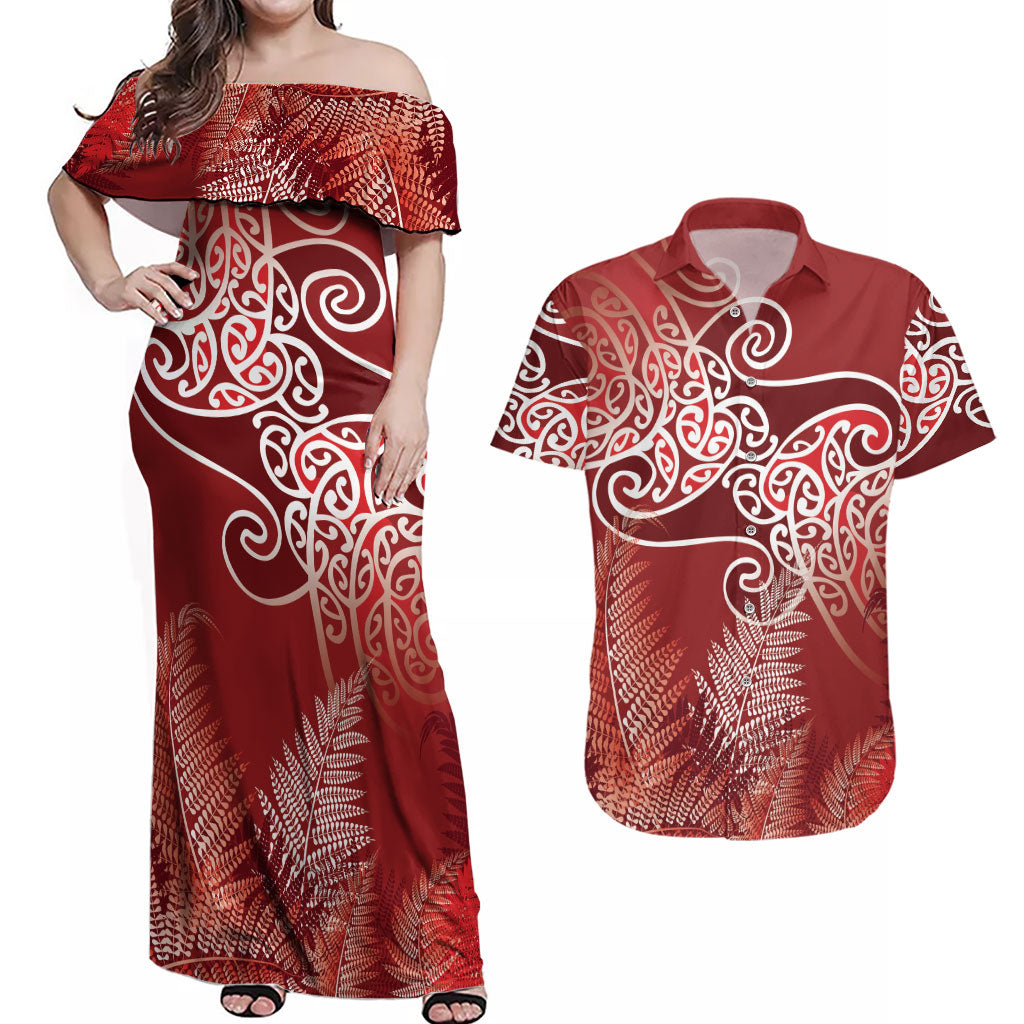 Aotearoa Maori Koru Curves Couples Matching Off Shoulder Maxi Dress and Hawaiian Shirt Silver Ferns - Crimson Red