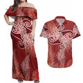 Aotearoa Maori Koru Curves Couples Matching Off Shoulder Maxi Dress and Hawaiian Shirt Silver Ferns - Crimson Red