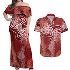 Aotearoa Maori Koru Curves Couples Matching Off Shoulder Maxi Dress and Hawaiian Shirt Silver Ferns - Crimson Red