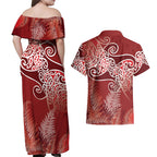 Aotearoa Maori Koru Curves Couples Matching Off Shoulder Maxi Dress and Hawaiian Shirt Silver Ferns - Crimson Red
