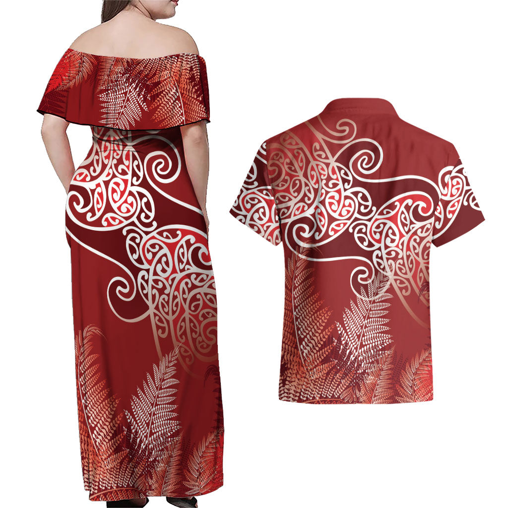 Aotearoa Maori Koru Curves Couples Matching Off Shoulder Maxi Dress and Hawaiian Shirt Silver Ferns - Crimson Red