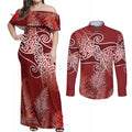 Aotearoa Maori Koru Curves Couples Matching Off Shoulder Maxi Dress and Long Sleeve Button Shirt Silver Ferns - Crimson Red