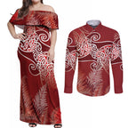 Aotearoa Maori Koru Curves Couples Matching Off Shoulder Maxi Dress and Long Sleeve Button Shirt Silver Ferns - Crimson Red