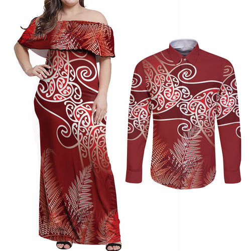 Aotearoa Maori Koru Curves Couples Matching Off Shoulder Maxi Dress and Long Sleeve Button Shirt Silver Ferns - Crimson Red