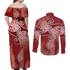 Aotearoa Maori Koru Curves Couples Matching Off Shoulder Maxi Dress and Long Sleeve Button Shirt Silver Ferns - Crimson Red