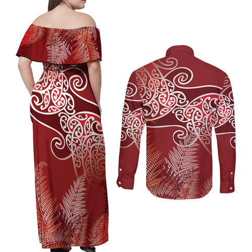 Aotearoa Maori Koru Curves Couples Matching Off Shoulder Maxi Dress and Long Sleeve Button Shirt Silver Ferns - Crimson Red
