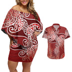 Aotearoa Maori Koru Curves Couples Matching Off Shoulder Short Dress and Hawaiian Shirt Silver Ferns - Crimson Red