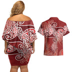 Aotearoa Maori Koru Curves Couples Matching Off Shoulder Short Dress and Hawaiian Shirt Silver Ferns - Crimson Red