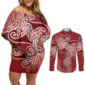 Aotearoa Maori Koru Curves Couples Matching Off Shoulder Short Dress and Long Sleeve Button Shirt Silver Ferns - Crimson Red