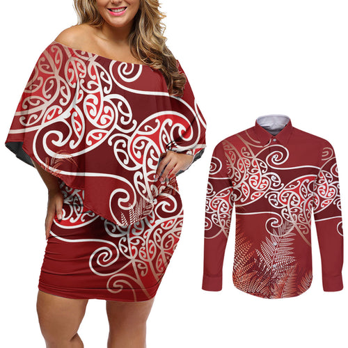 Aotearoa Maori Koru Curves Couples Matching Off Shoulder Short Dress and Long Sleeve Button Shirt Silver Ferns - Crimson Red