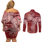 Aotearoa Maori Koru Curves Couples Matching Off Shoulder Short Dress and Long Sleeve Button Shirt Silver Ferns - Crimson Red