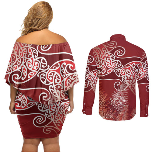 Aotearoa Maori Koru Curves Couples Matching Off Shoulder Short Dress and Long Sleeve Button Shirt Silver Ferns - Crimson Red